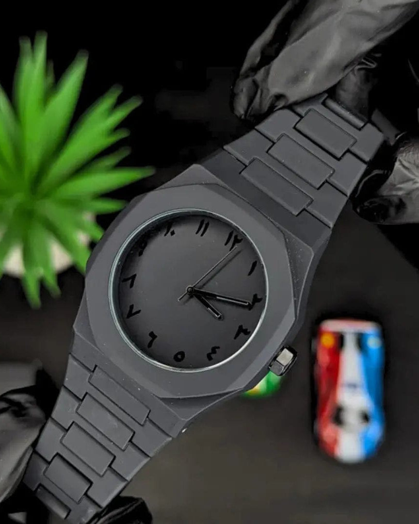 Arabic Black Aura Watch – Premium minimalist wristwatch with Arabic numerals, matte black stainless steel design, water-resistant, luxury gift-ready timepiece.